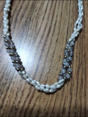 Cultured Freshwater Pearl and Gray Bead Braided Necklace